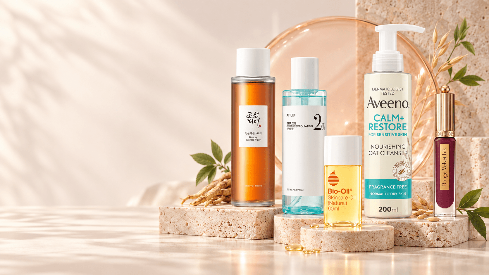 Beauty and skincare products arranged in a warm premium studio