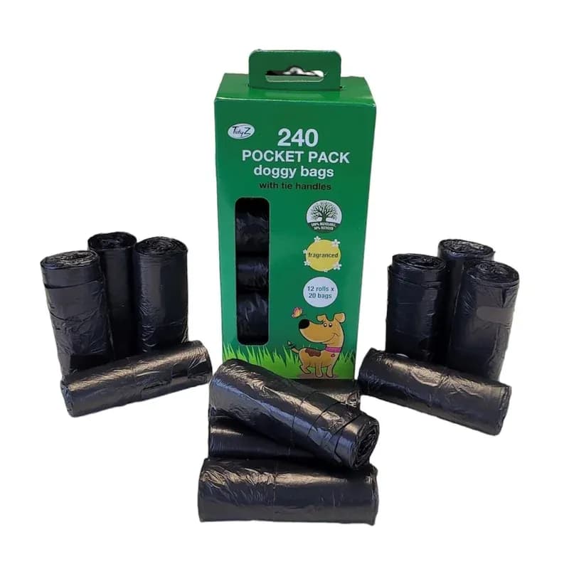 240 TidyZ Dog Poo Bags. Minimum 30% Recycled Plastic. Strong, Large Pet Waste Bags. Tie Handles. Individual Pocket Packs. Scented. Leakproof. 12 Rolls of 20