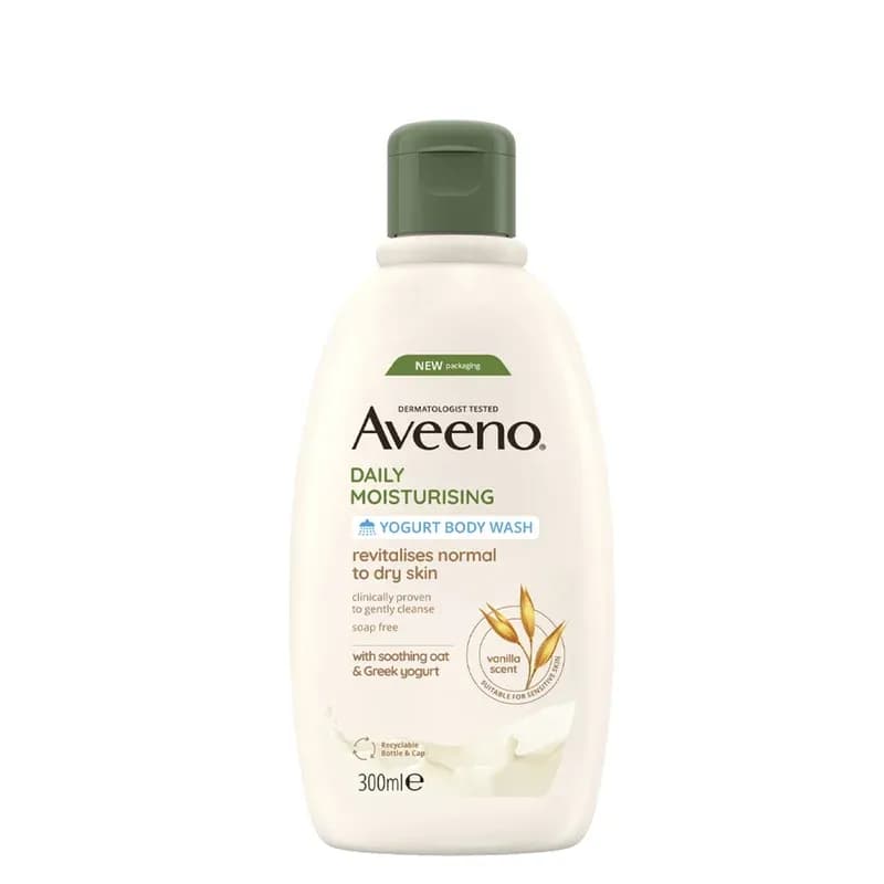 Aveeno Daily Moisturising Yogurt Body Wash (1x 300ml), Gentle Wash with Soothing Colloidal Oatmeal and Probiotic Greek Yogurt, Apricot and Honey Scented for Sensitive Dry Skin