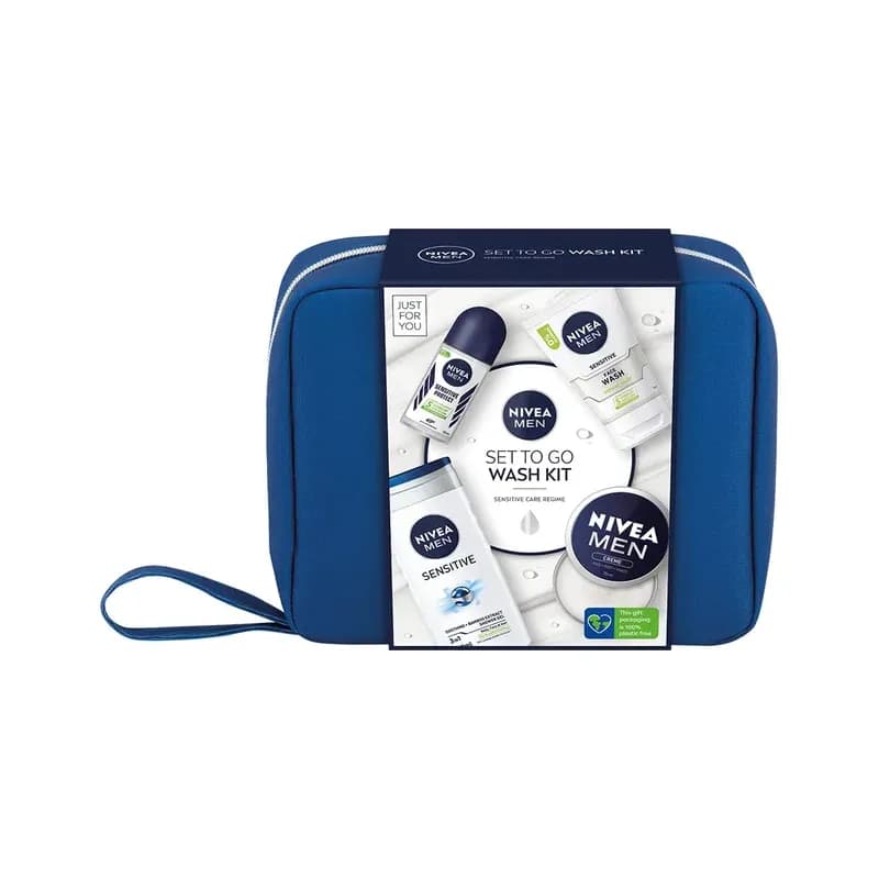 NIVEA MEN Set To Go Wash Kit Gift Set (5 Pieces), Men's Gift Set Includes Shower Gel, Face Wash, Anti-Perspirant Roll-On, Moisturising Cream and Hanging Wash Bag