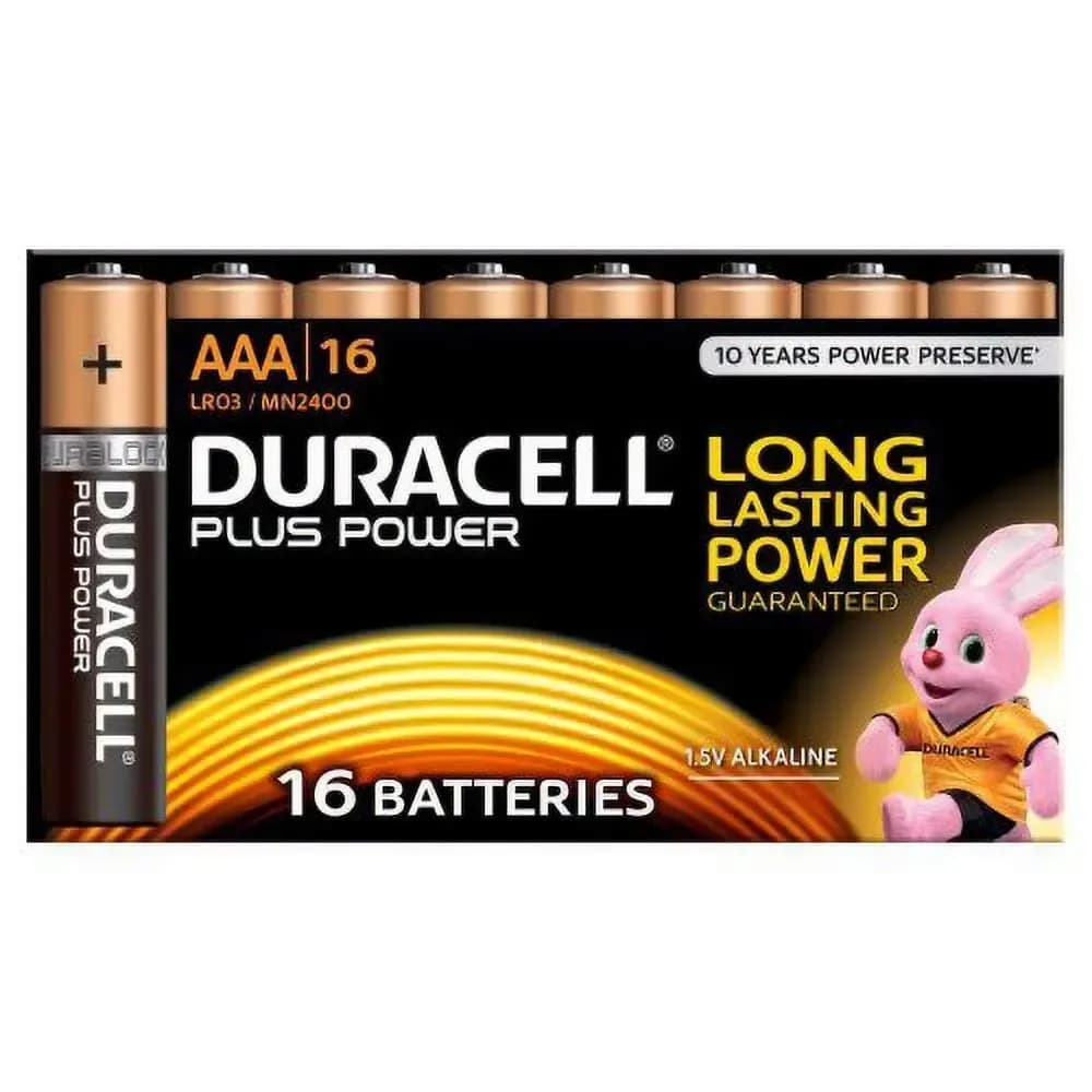 Duracell MN2400 Plus Power Alkaline AAA Size Batteries, 16 Batteries, black